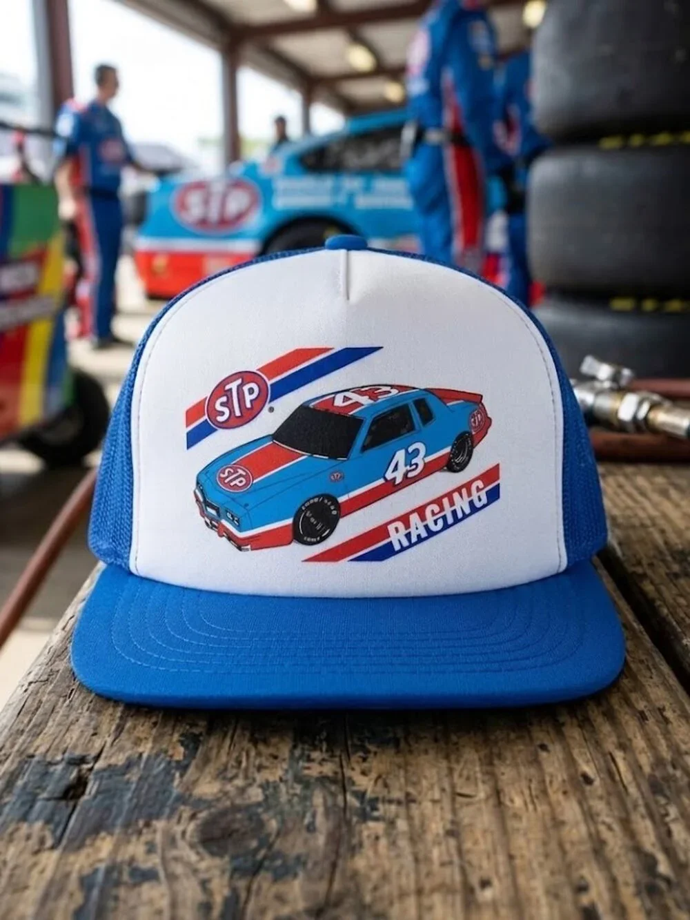 STP Racing 43 Stock Car Printed Blue White Foam Snapback Trucker Hat Petty Retro